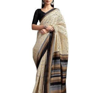Women's Coffee Brown Georgette Saree with Black Floral Embroidery & Matching Black Blouse Piece